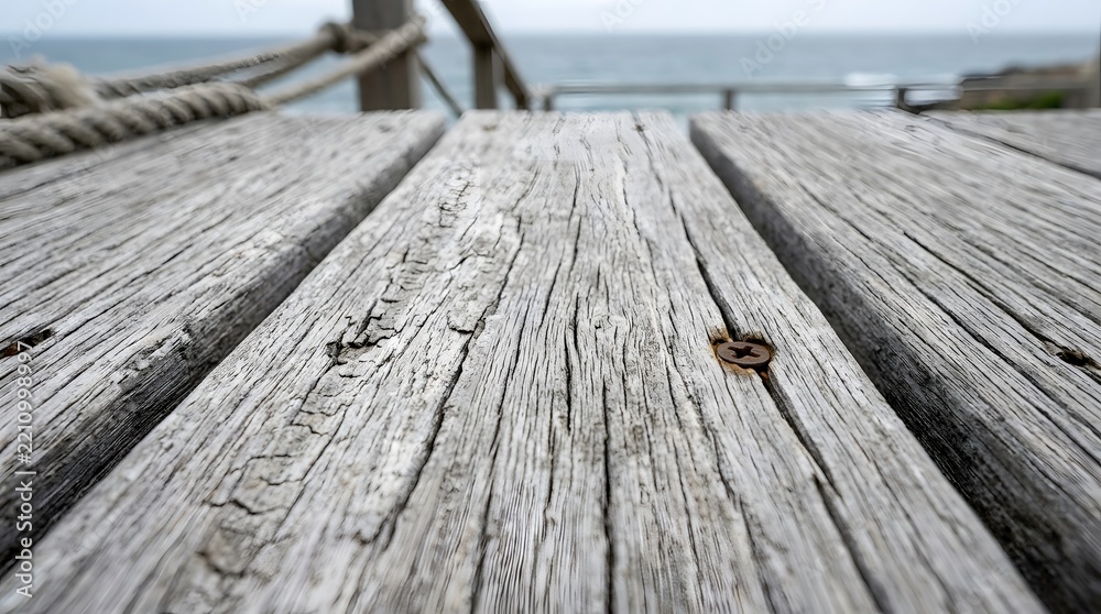 Naklejka premium Weathered wooden pier planks leading toward the ocean with a blurred coastal background
