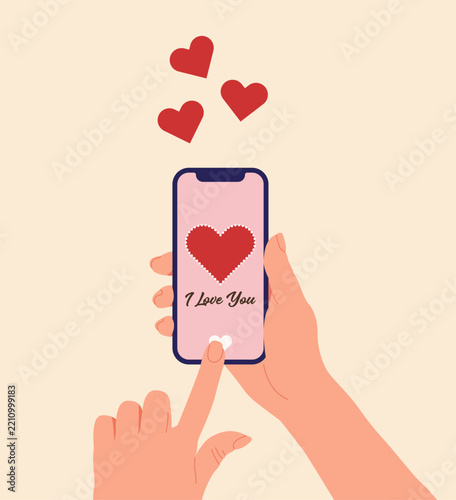 Hand holding smartphone with I Love You text on screen. Valentines Day romantic mobile greeting card template.