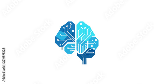 Abstract digital brain illustration with circuit board patterns and glowing blue lights.