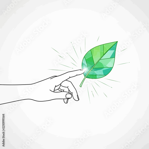 A line art hand touches a vibrant green faceted leaf with glowing light, symbolizing nature connection and environmental care.