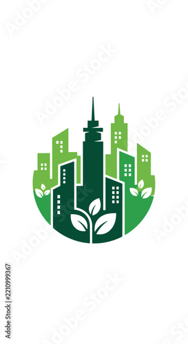 A stylized green logo depicting a cityscape with buildings integrated with leaves and plants, symbolizing eco-friendly urban development.