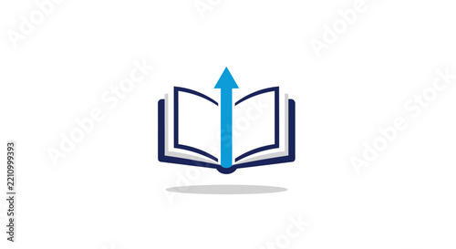 An open book with a blue upward arrow symbolizing learning, growth, and progress in education.