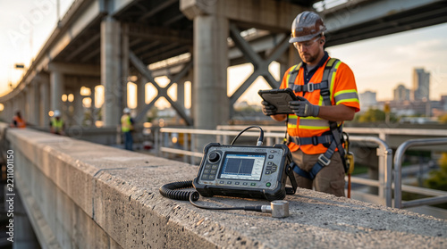 Engineer using ultrasonic testing equipment on a bridge construction site at sunset