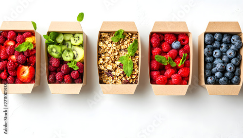 Colorful fresh yogurt parfaits in paper cups topped with fruit, granola, berries.

