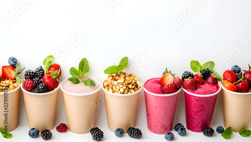 Fresh yogurt parfaits in paper cups with berries, granola, nuts, fruit, healthy.

