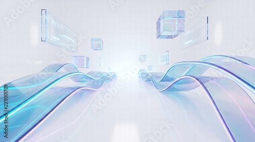 Futuristic Digital Highway with Curved Glass Ribbons and Floating Holographic Cubes on White Background