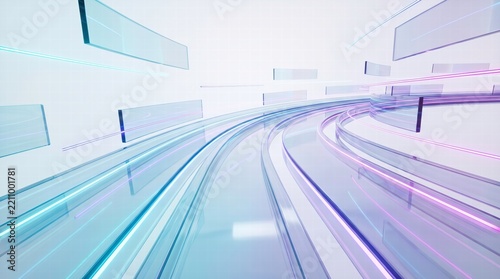 Futuristic Abstract Curved Glass Pathway with Glowing Neon Light Streaks on White High Tech Digital Data Background