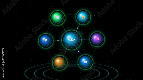 Floating colorful circular network nodes orbiting central glowing blue energy core