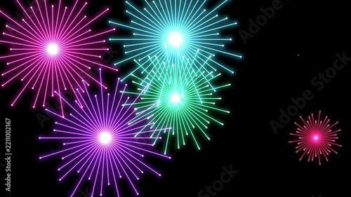 Festive colorful fireworks exploding with bright neon sparks for celebration and new year background