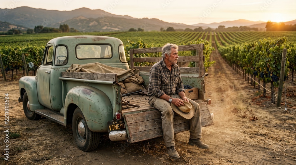 Fototapeta premium Senior vintner sitting on a vintage pickup truck tailgate at sunset, capturing winemaking heritage and peaceful retirement for wine industry storytelling and luxury estate marketing.