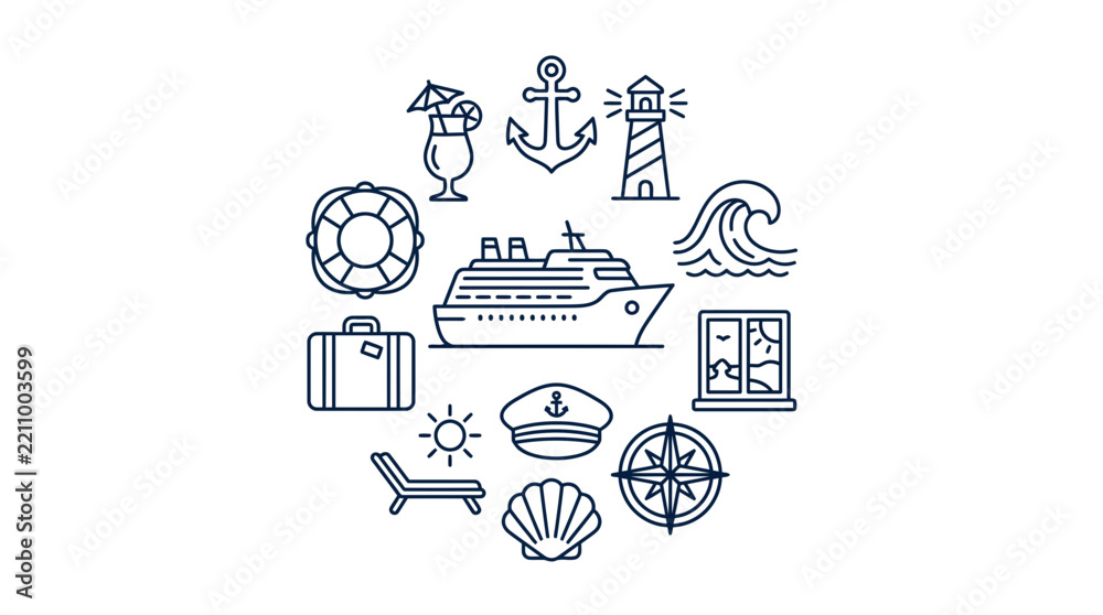 Obraz premium Cruise Ship Travel Icons Set Isolated Transparent Background Vector Illustration