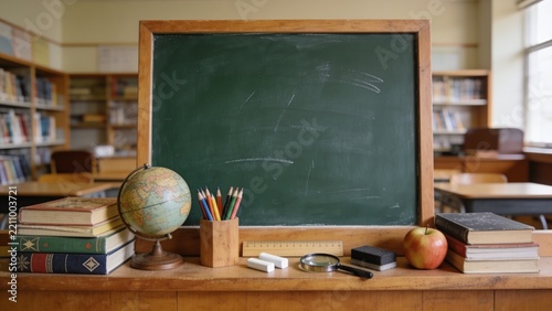 Empty classroom chalkboard with wooden frame, books, globe, pencils, apple, and eraser on school desk
