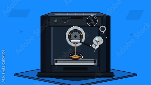 High-end semi-professional espresso machine industrial product design rendered in 2D isometric vector comic cel-shading with deterministic mechanical motion.