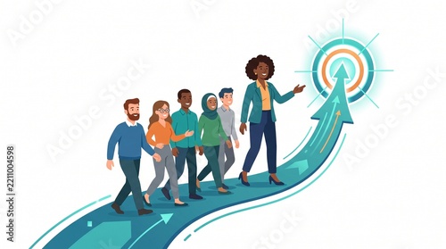 Business leadership concept showing diverse team following manager toward corporate goal target