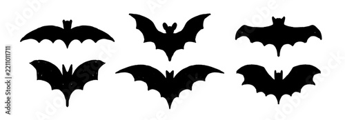 Hand drawn Halloween bats collection. Black flying bat silhouettes set. Crayon sketched doodle bundle for Halloween decoration, sticker, poster, banner, collage, flyer. Vector illustration pack
