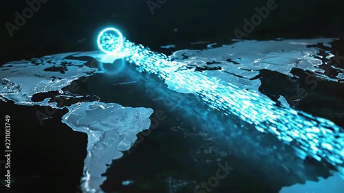 Global data transmission flowing across world map background.