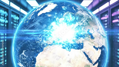 Glowing digital Earth floating in modern server room corridor