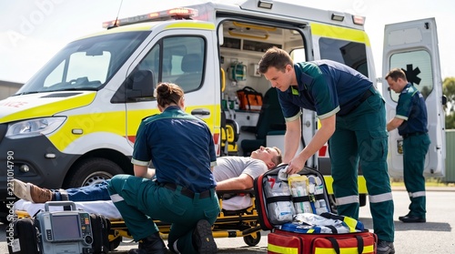 Emergency paramedics in green uniforms, with medical response bag and ambulance vehicle, treating patient on stretcher outdoors, on paved road outside vehicle, emergency healthcare photography
