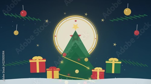 Animated christmas tree with gift boxes under a glowing moon