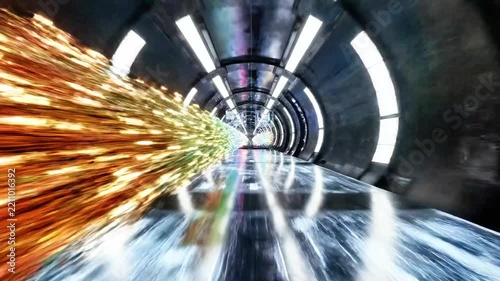 High speed data particles flowing through metallic tunnel.