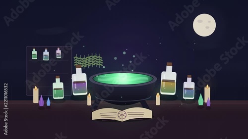 Witch cauldron with glowing green potion and magic book at night