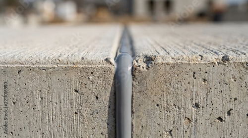 Close-up of a concrete surface with a narrow gap filled with a flexible sealant, highlighting texture and construction detail.