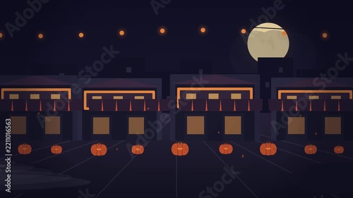 Halloween city street night scene with pumpkin lanterns