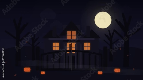 Spooky halloween haunted house under full moon seamless loop