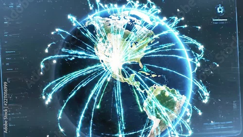 Holographic digital globe with glowing data connection lines.