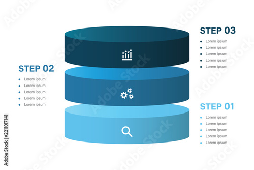 Three step cylindrical Venn diagram business infographic with icons and layered process design for modern presentation and corporate templates