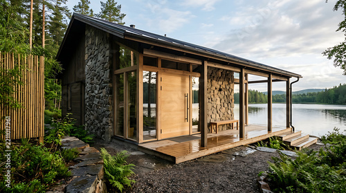 Serene lakeside cabin featuring a modern wooden design with large glass doors and a snug porch nestled amidst lush greenery and