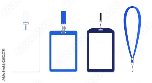Blank vertical identification badge holders and blue lanyards set