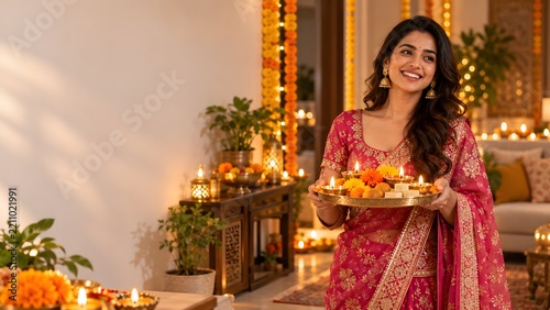 Smiling Indian Woman in Traditional Saree Holding Diwali Sweets and Diyas