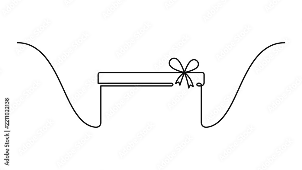 Obraz premium A continuous line art drawing of a gift box with a bow and decorative swooping lines on either side.