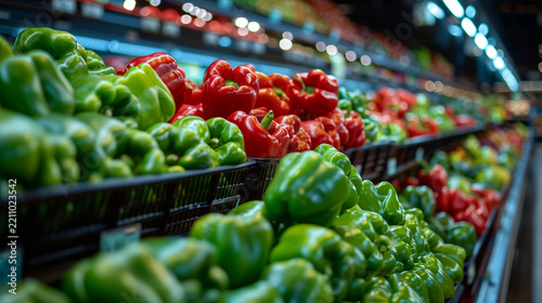 Fresh Green and Red Bell Peppers Displayed on Supermarket Produce Shelves