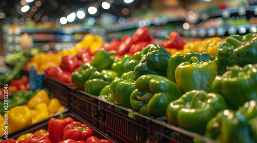 Fresh Green and Red Bell Peppers Displayed on Supermarket Produce Shelves