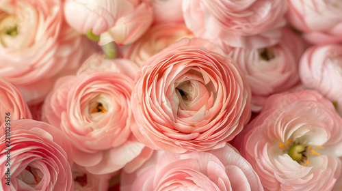 Delicate Pink Ranunculus Flowers Blooming With Soft Romantic Pastel Background Texture