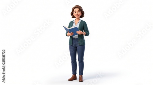 3d illustration of a friendly female teacher or librarian standing and holding an open blue book, isolated on white background