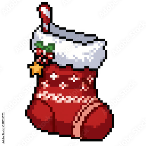 Retro Pixel Art Red Christmas Stocking with Candy Cane and Holly   