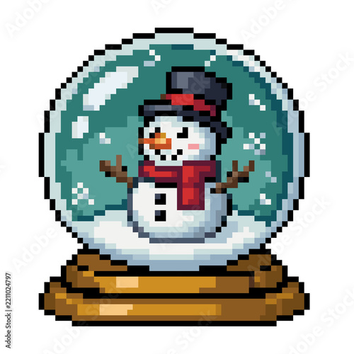 Retro Pixel Art Christmas Snow Globe with a Cheerful Snowman   