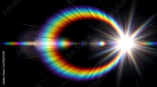 Rainbow lens flare abstract light effect background with bright glowing starburst and colorful optical halo