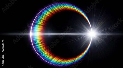 Abstract space background with bright glowing ring of colorful light and lens flare in deep dark cosmos