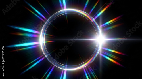 Abstract glowing light ring with vibrant prismatic sunburst lens flare on a deep black background