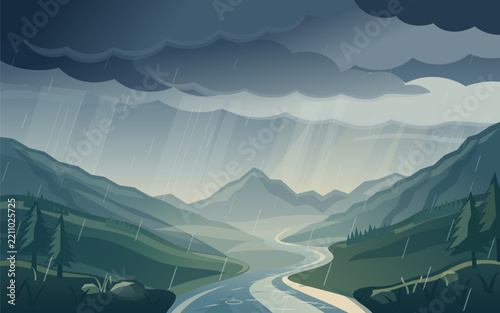 A vector illustration of a rainstorm over a mountain valley, featuring heavy dark clouds, falling rain, a winding river, and pine trees under an overcast sky.