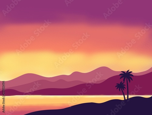 Beautiful vibrant sunset digital painting with silhouette palm trees and purple mountain ranges in tropical paradise. Perfect summer landscape background wallpaper for travel and vacation design.