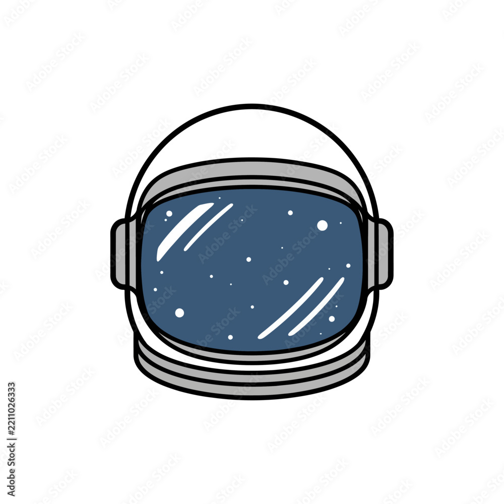 Fototapeta premium Flat vector illustration of a stylized astronaut helmet with a cosmic star field reflection on the visor isolated on a white background