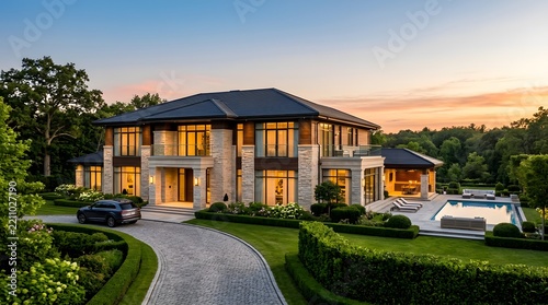 Modern Luxury Suburban Mansion with Pool and Sunset Sky