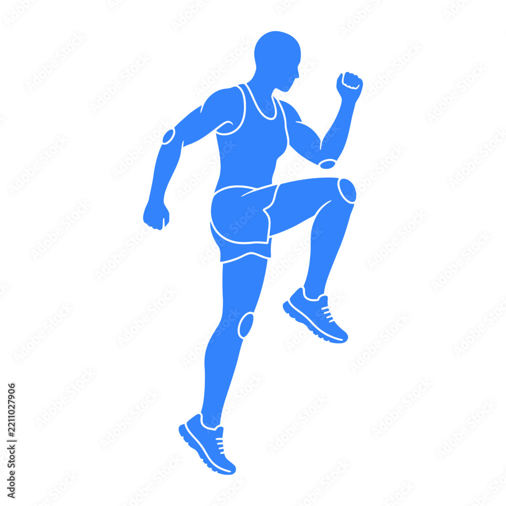 Fototapeta premium Blue silhouette of a man exercising, high knee running, fitness illustration