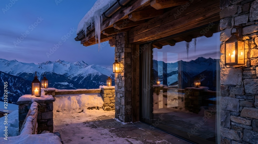 Fototapeta premium Cozy Ski Chalet Terrace at Sunset with Warm Lanterns and Snow Peaks