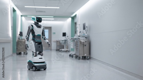 Humanoid AI robot walking through a modern hospital corridor, healthcare technology concept